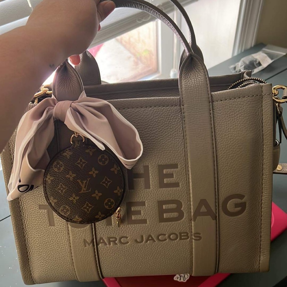 Marc Jacobs Taupe 'The Tote Bag' Leather Crossbody with Pink Scarf Tie